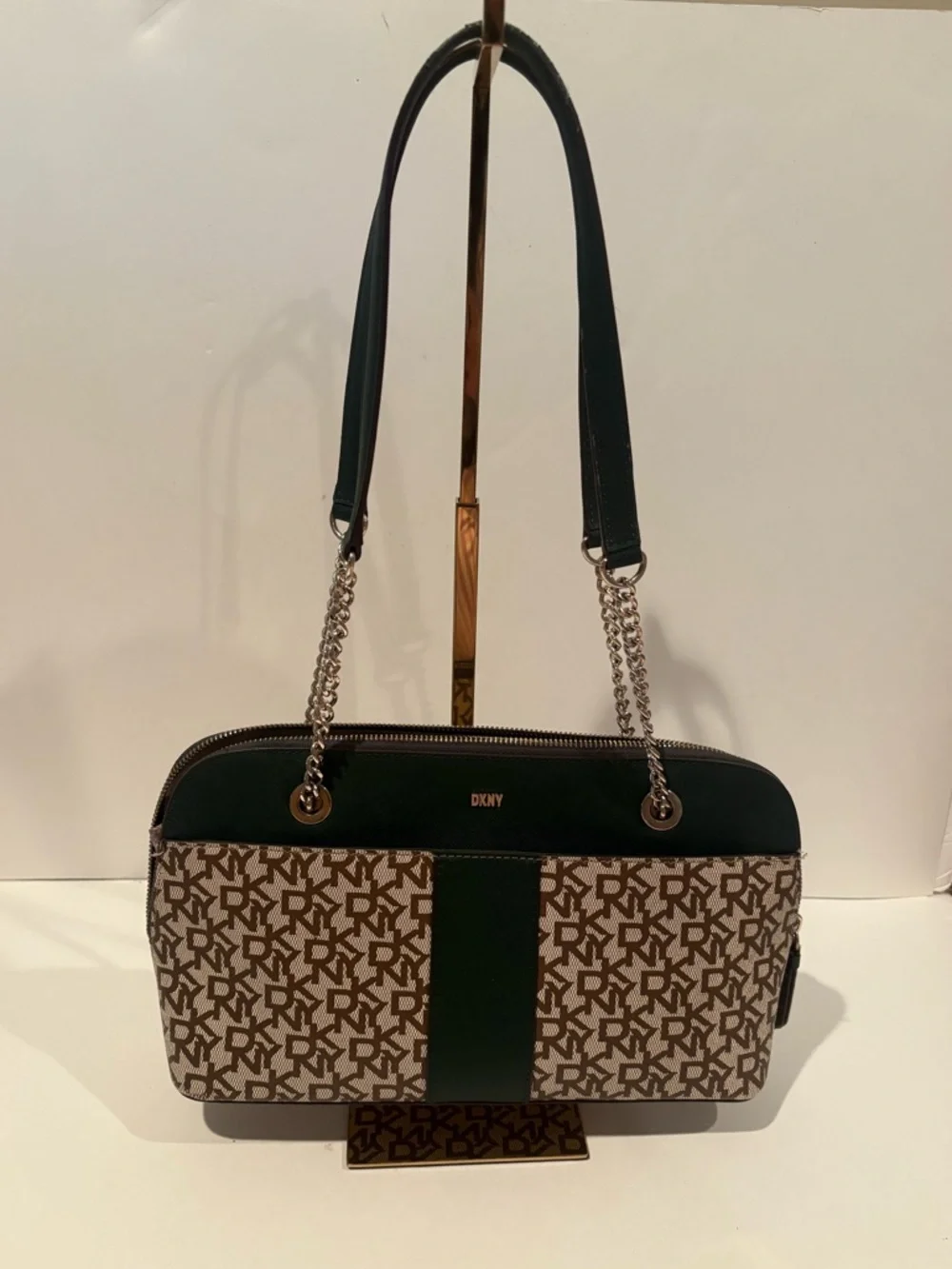 DKNY brown logo shoulder bag with green accents